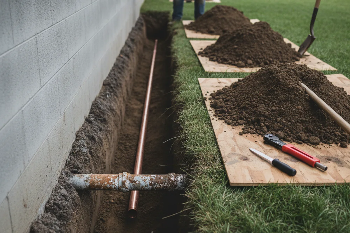 Excavated water line trench during Sewer Line Repair in Mount Orab